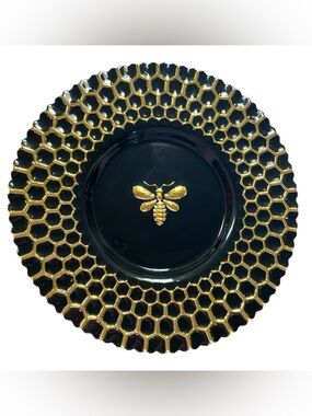 Black Gold Honeycomb Bee Charger Plate 10” Decorative Glass Metallic Finish NWT